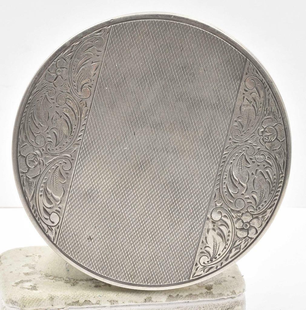Vintage European 835 Solid Silver Round Ladies Engraved Compact Original Mirror