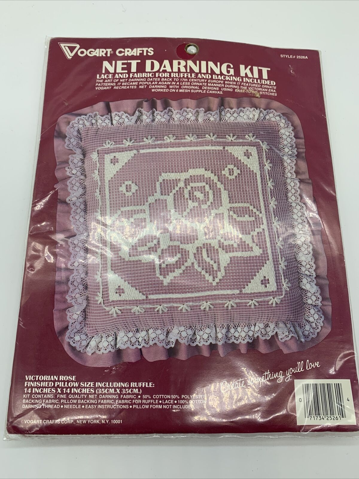 Victorian Rose Lace Net Darning 14in Ruffle Pillow kit Sealed Vogart Crafts 2526
