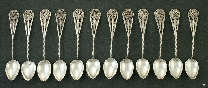 12 Fine Quality Silver Filigree Floral Demitasse Spoons